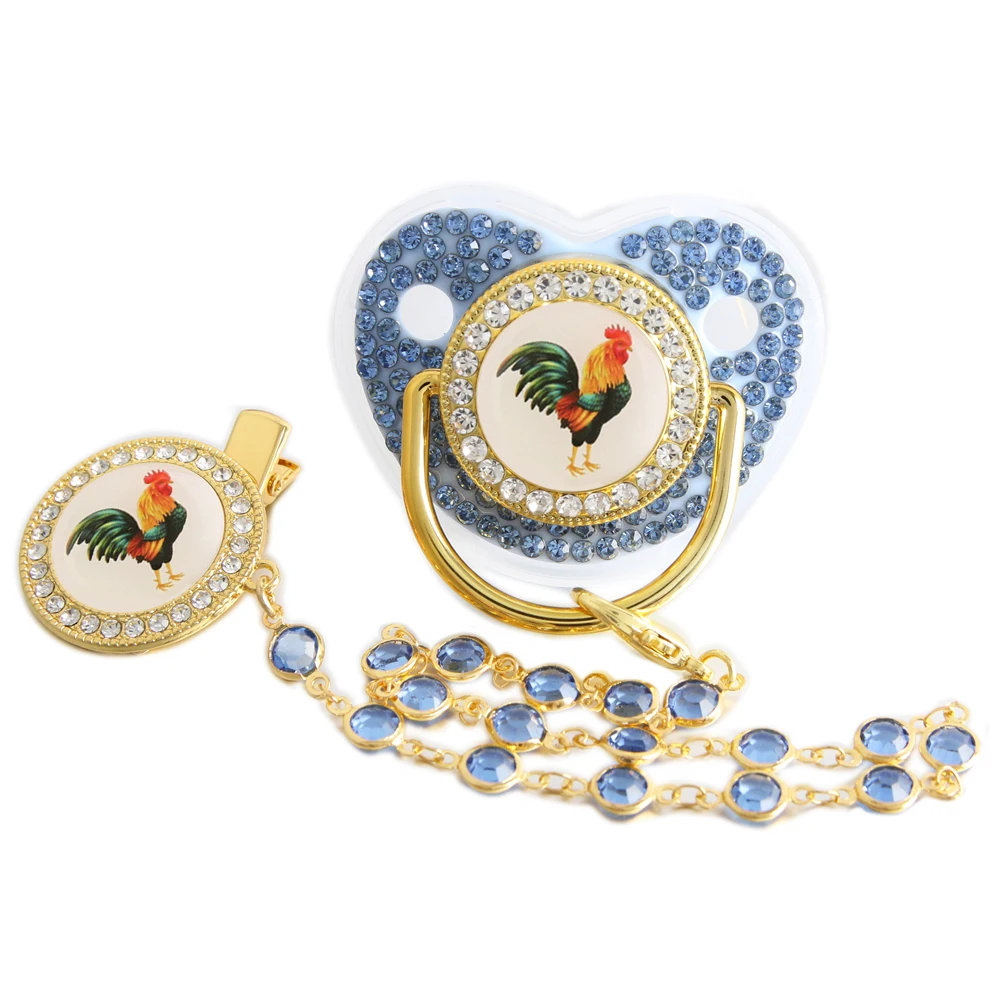 Bling Rooster Pacifier With Gem Luxury Weaning Pacifier Baby Nipple With Chain Clip Newborn Prince Baby Dummy Soother