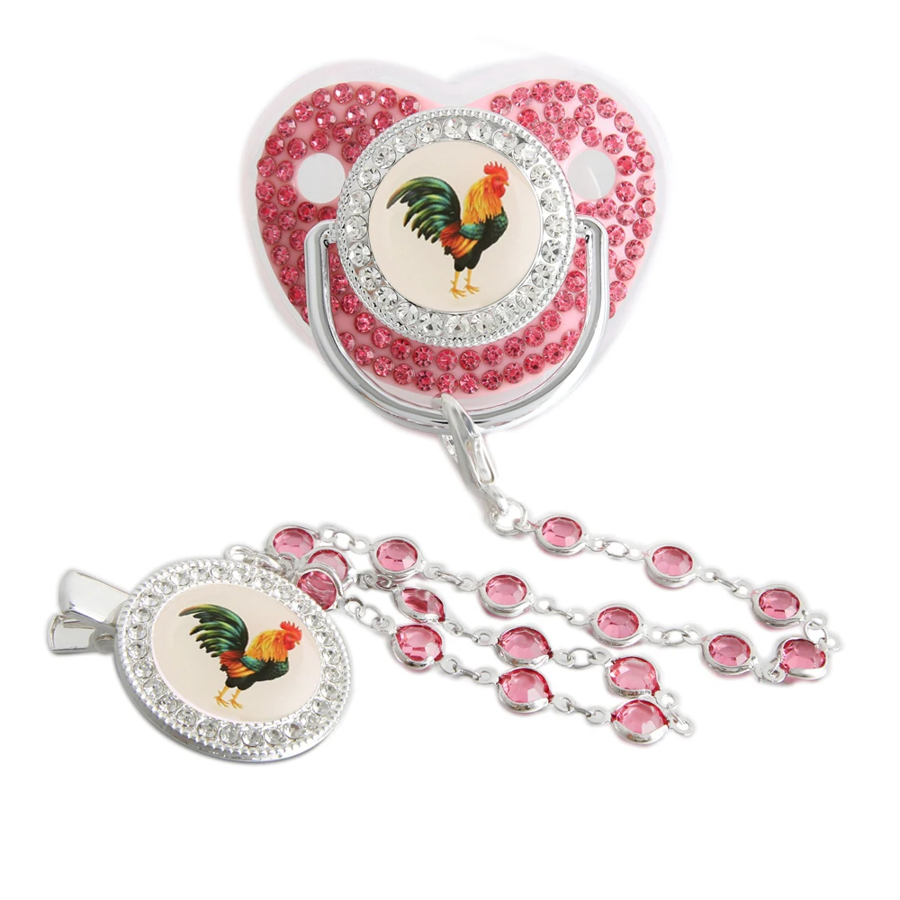 Bling Rooster Pacifier With Gem Luxury Weaning Pacifier Baby Nipple With Chain Clip Newborn Prince Baby Dummy Soother