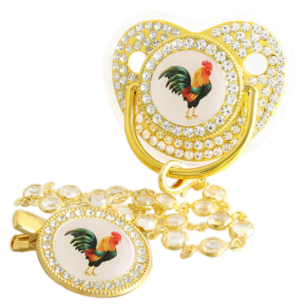 Bling Rooster Pacifier With Gem Luxury Weaning Pacifier Baby Nipple With Chain Clip Newborn Prince Baby Dummy Soother