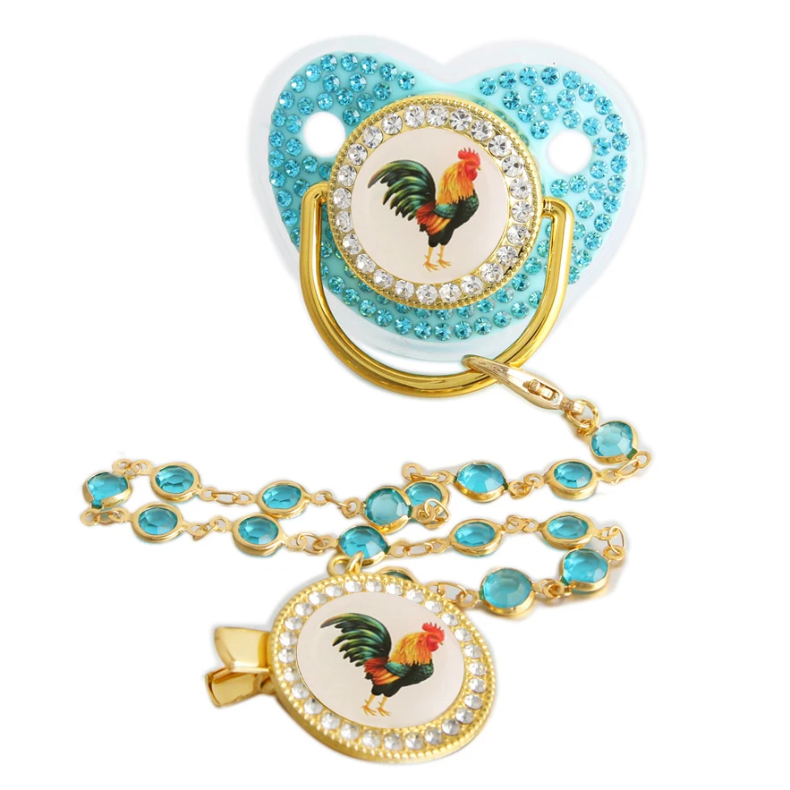 Bling Rooster Pacifier With Gem Luxury Weaning Pacifier Baby Nipple With Chain Clip Newborn Prince Baby Dummy Soother