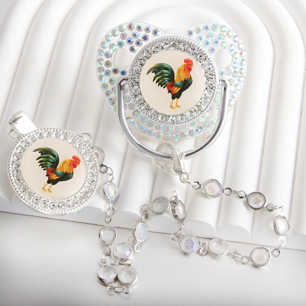 Bling Rooster Pacifier With Gem Luxury Weaning Pacifier Baby Nipple With Chain Clip Newborn Prince Baby Dummy Soother