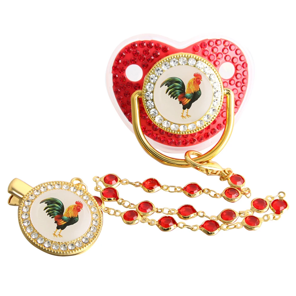 Bling Rooster Pacifier With Gem Luxury Weaning Pacifier Baby Nipple With Chain Clip Newborn Prince Baby Dummy Soother