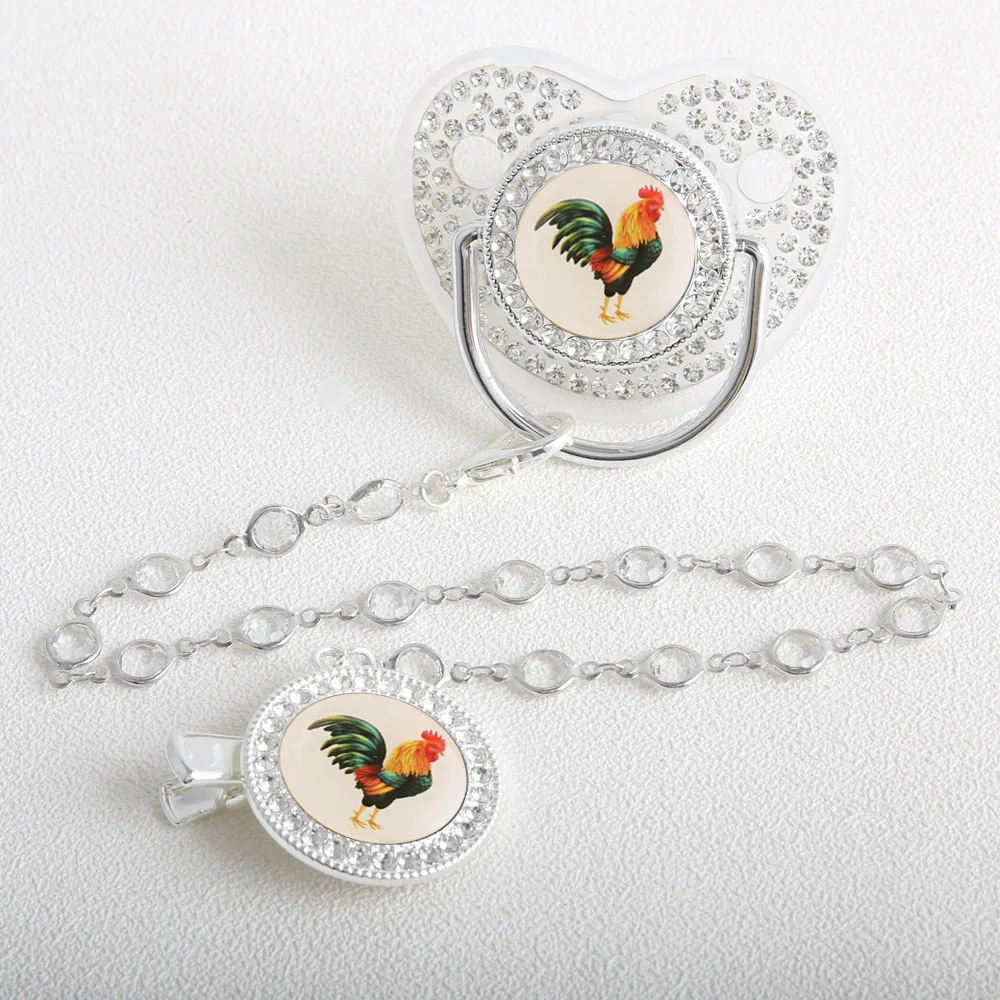 Bling Rooster Pacifier With Gem Luxury Weaning Pacifier Baby Nipple With Chain Clip Newborn Prince Baby Dummy Soother