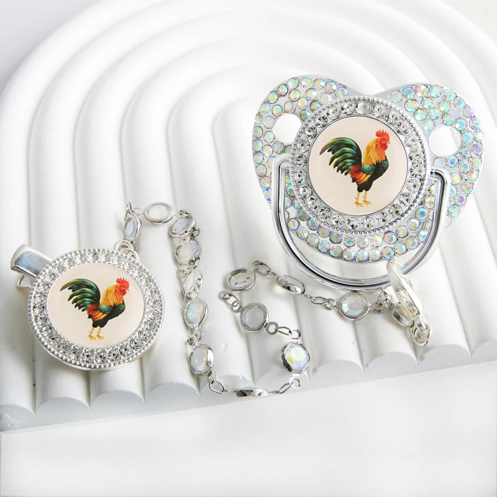 Bling Rooster Pacifier With Gem Luxury Weaning Pacifier Baby Nipple With Chain Clip Newborn Prince Baby Dummy Soother