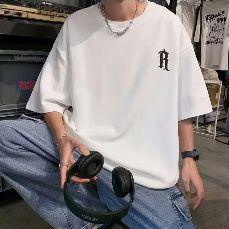 M-8XL Men Oversized Fashion Loose American Vintage Deformed Letter R Print Short Sleeve Round Neck Versatile Trend Couple Outfit