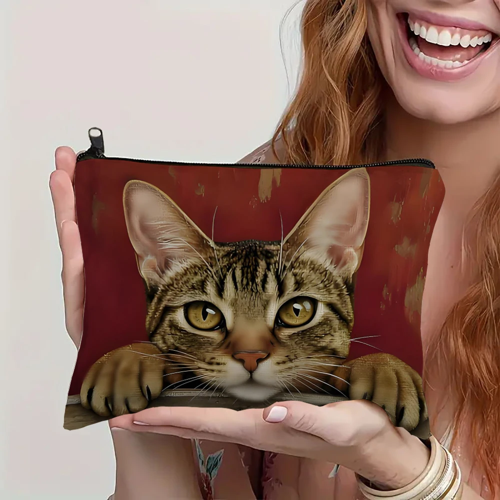 Cute Cartoon Cat Themed Makeup Bag Printing Cosmetic Bag Foldable Lightweight Zipper Closure Makeup Bag for Women and Girls