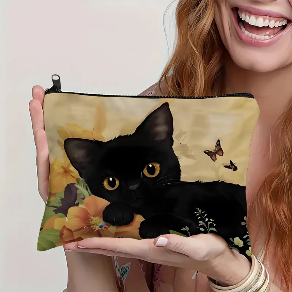 Cute Cartoon Cat Themed Makeup Bag Printing Cosmetic Bag Foldable Lightweight Zipper Closure Makeup Bag for Women and Girls