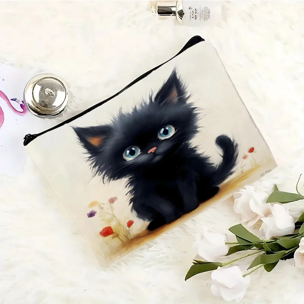 Cute Cartoon Cat Themed Makeup Bag Printing Cosmetic Bag Foldable Lightweight Zipper Closure Makeup Bag for Women and Girls