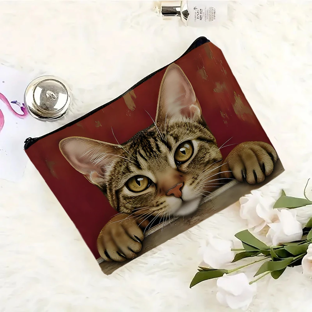 Cute Cartoon Cat Themed Makeup Bag Printing Cosmetic Bag Foldable Lightweight Zipper Closure Makeup Bag for Women and Girls