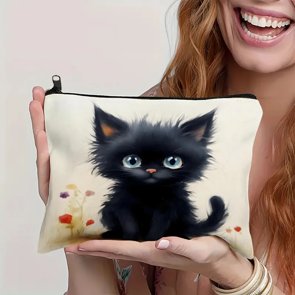 Cute Cartoon Cat Themed Makeup Bag Printing Cosmetic Bag Foldable Lightweight Zipper Closure Makeup Bag for Women and Girls