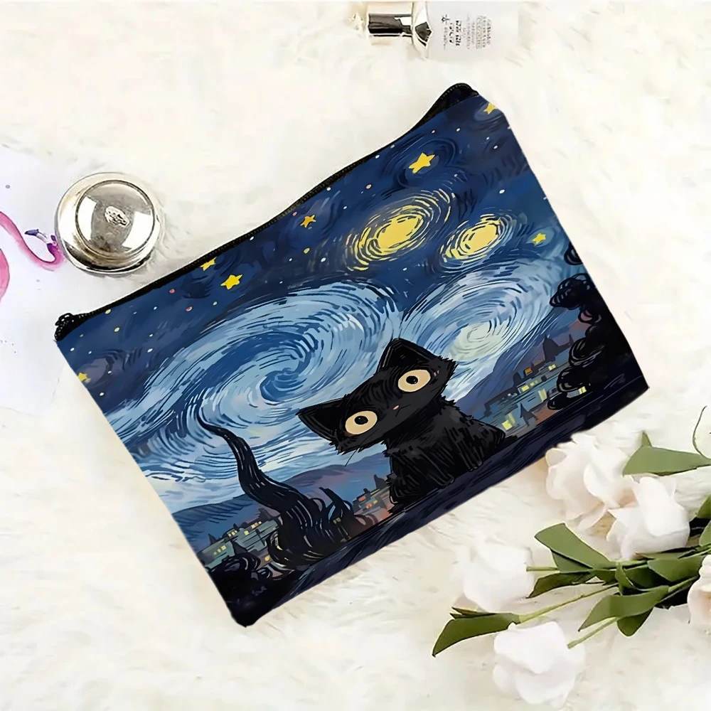 Cute Cartoon Cat Themed Makeup Bag Printing Cosmetic Bag Foldable Lightweight Zipper Closure Makeup Bag for Women and Girls