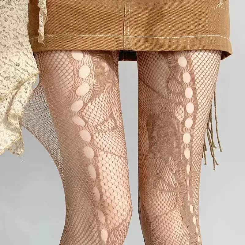 Y2K JK Floral Jacquard Sexy Stockings Women Gothic Punk Black Fishnet Pantyhose Harajuku Lolita Irregular Rose Holes Mesh Tights