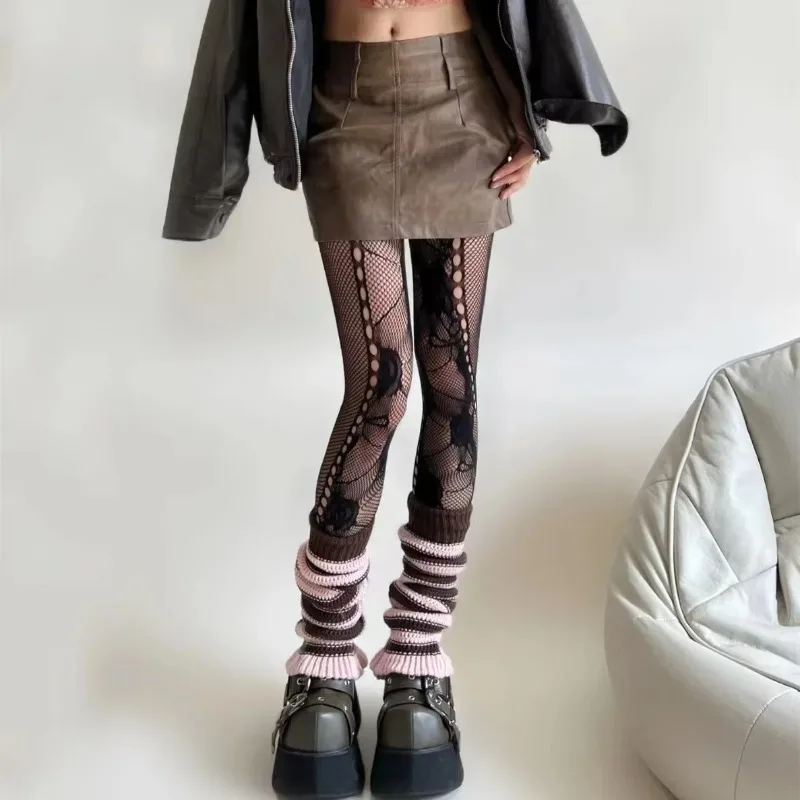 Y2K JK Floral Jacquard Sexy Stockings Women Gothic Punk Black Fishnet Pantyhose Harajuku Lolita Irregular Rose Holes Mesh Tights