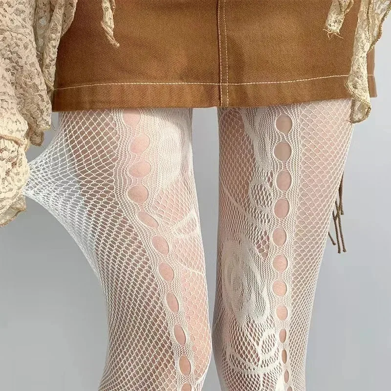Y2K JK Floral Jacquard Sexy Stockings Women Gothic Punk Black Fishnet Pantyhose Harajuku Lolita Irregular Rose Holes Mesh Tights