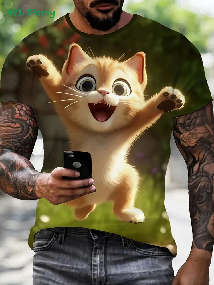 New 3D Cat Print T-Shirt Summer Outdoor Men's Short Sleeved Tee Fashion Round Neck Men's Tops Casual Oversized Men's Clothing