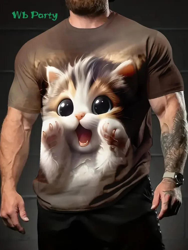 New 3D Cat Print T-Shirt Summer Outdoor Men's Short Sleeved Tee Fashion Round Neck Men's Tops Casual Oversized Men's Clothing