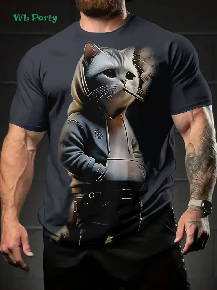 New 3D Cat Print T-Shirt Summer Outdoor Men's Short Sleeved Tee Fashion Round Neck Men's Tops Casual Oversized Men's Clothing