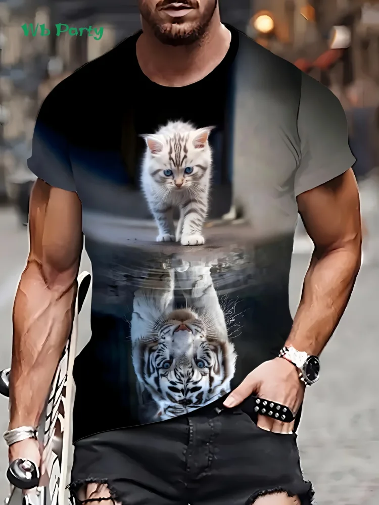 New 3D Cat Print T-Shirt Summer Outdoor Men's Short Sleeved Tee Fashion Round Neck Men's Tops Casual Oversized Men's Clothing