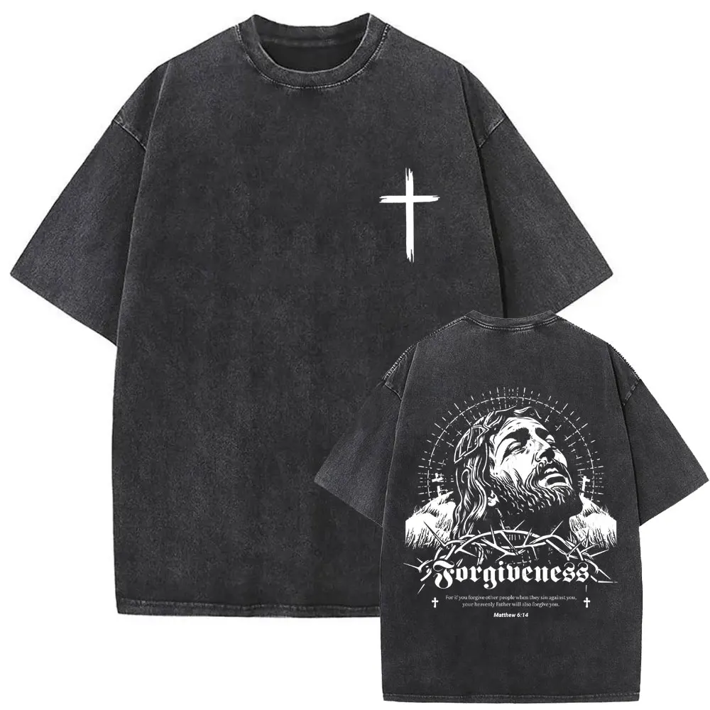 Christian Religious Jesus Forgive Them Father Vintage Washed T-shirt Men Women Gothic Rock Oversized T Shirts Tops Streetwear