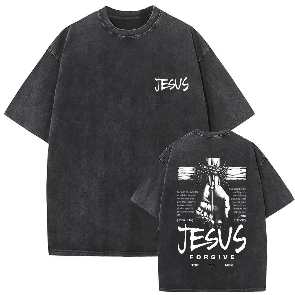 Christian Religious Jesus Forgive Them Father Vintage Washed T-shirt Men Women Gothic Rock Oversized T Shirts Tops Streetwear