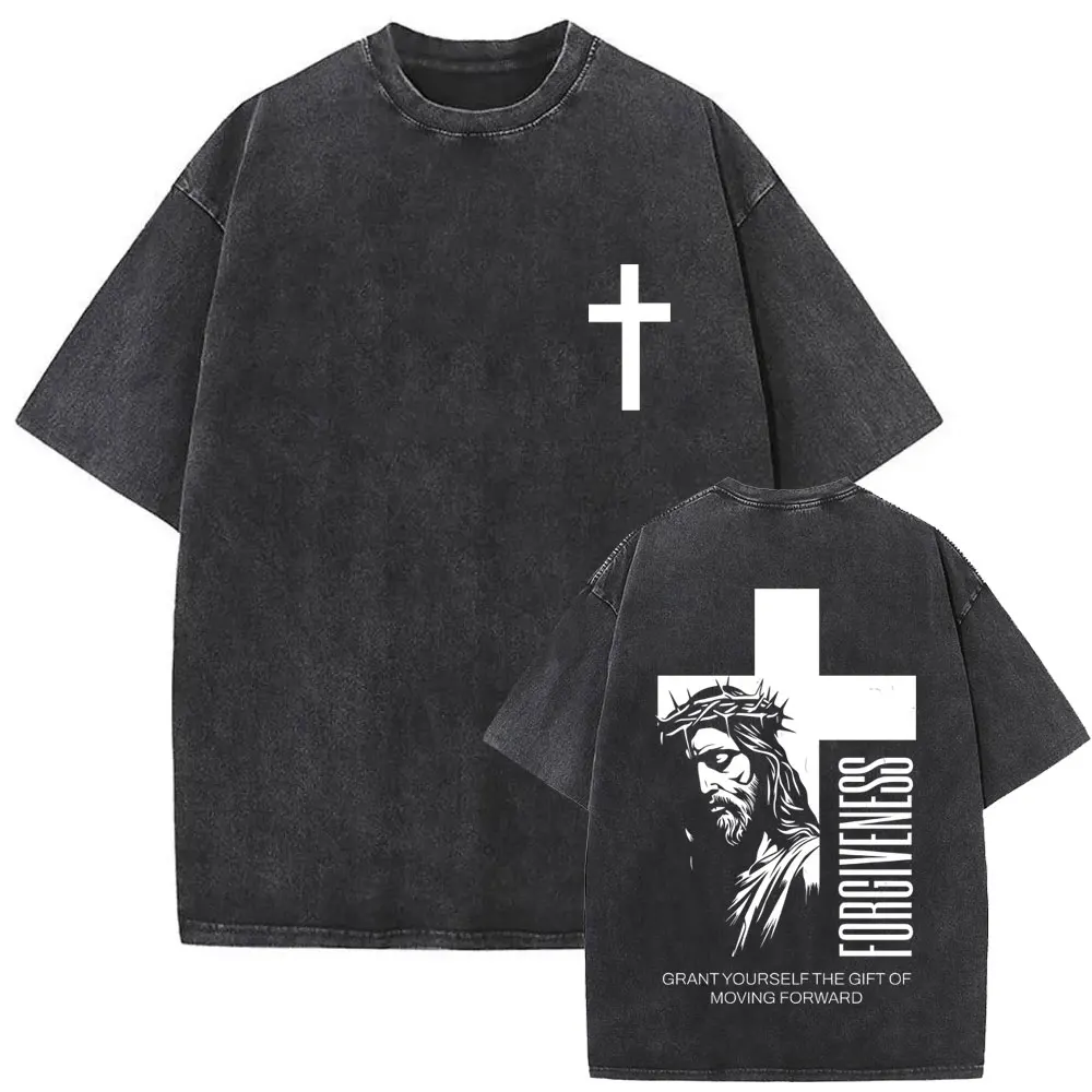 Christian Religious Jesus Forgive Them Father Vintage Washed T-shirt Men Women Gothic Rock Oversized T Shirts Tops Streetwear