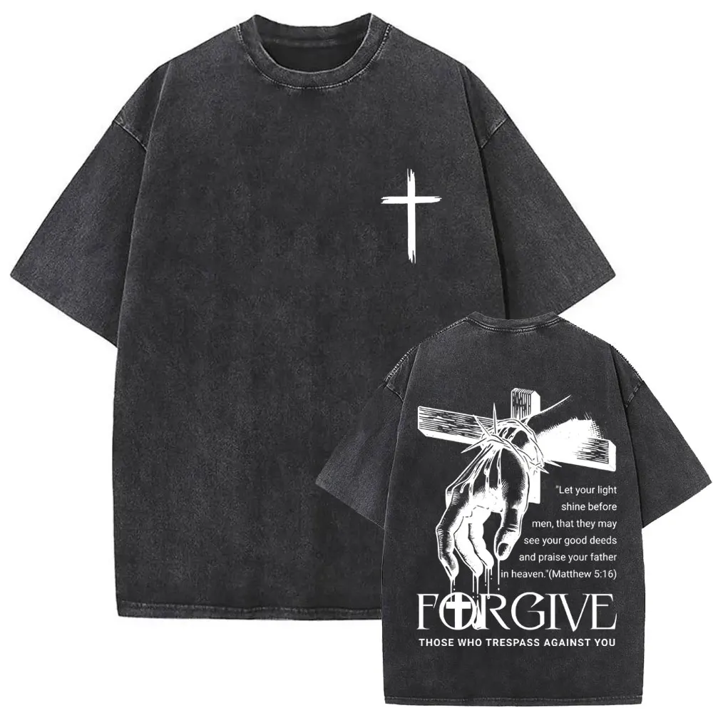 Christian Religious Jesus Forgive Them Father Vintage Washed T-shirt Men Women Gothic Rock Oversized T Shirts Tops Streetwear
