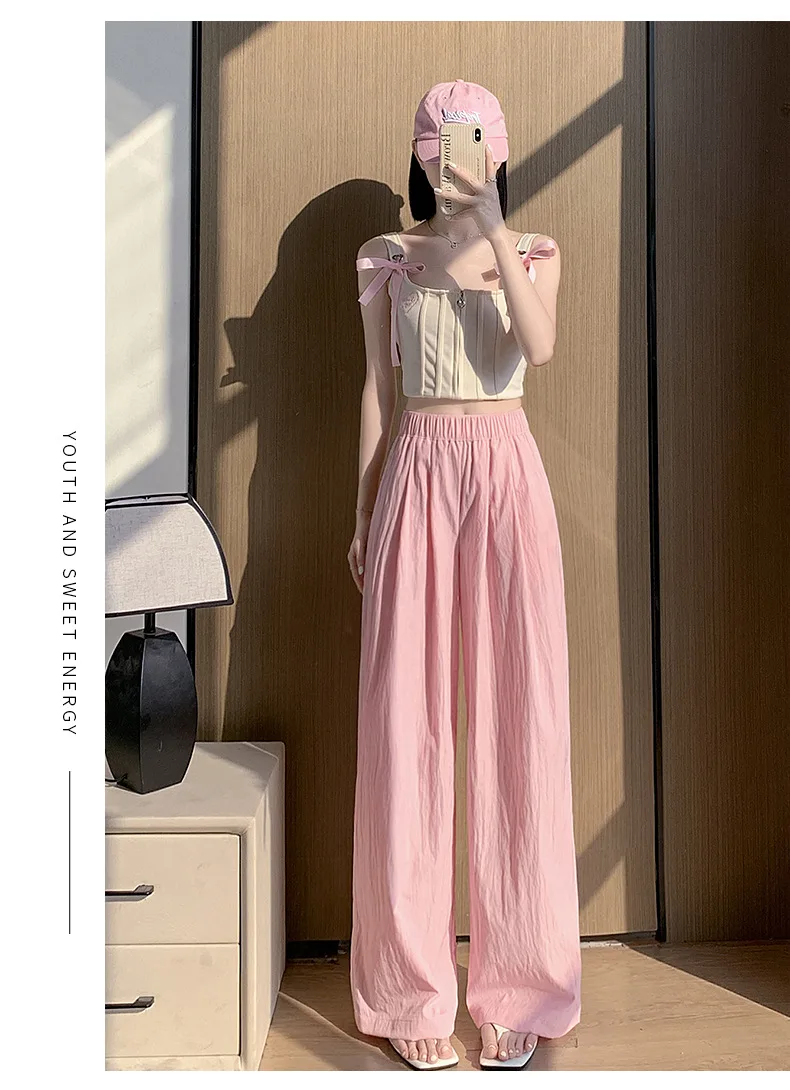 Spring Summer Women Loose Wide Leg Pants Casual Elastic Waist Straight Long Wide Leg Pants Female Casual Female Pants Trousers