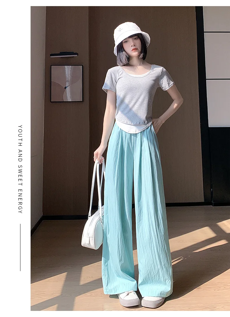 Spring Summer Women Loose Wide Leg Pants Casual Elastic Waist Straight Long Wide Leg Pants Female Casual Female Pants Trousers