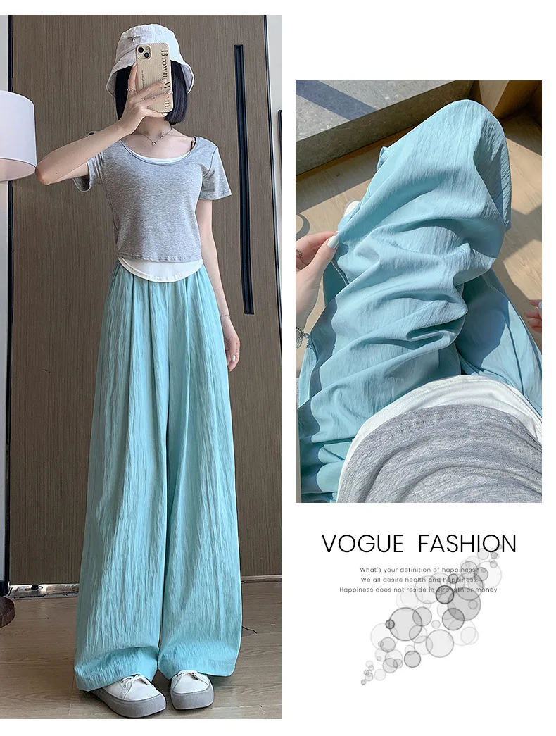 Spring Summer Women Loose Wide Leg Pants Casual Elastic Waist Straight Long Wide Leg Pants Female Casual Female Pants Trousers