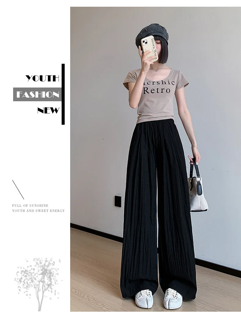 Spring Summer Women Loose Wide Leg Pants Casual Elastic Waist Straight Long Wide Leg Pants Female Casual Female Pants Trousers