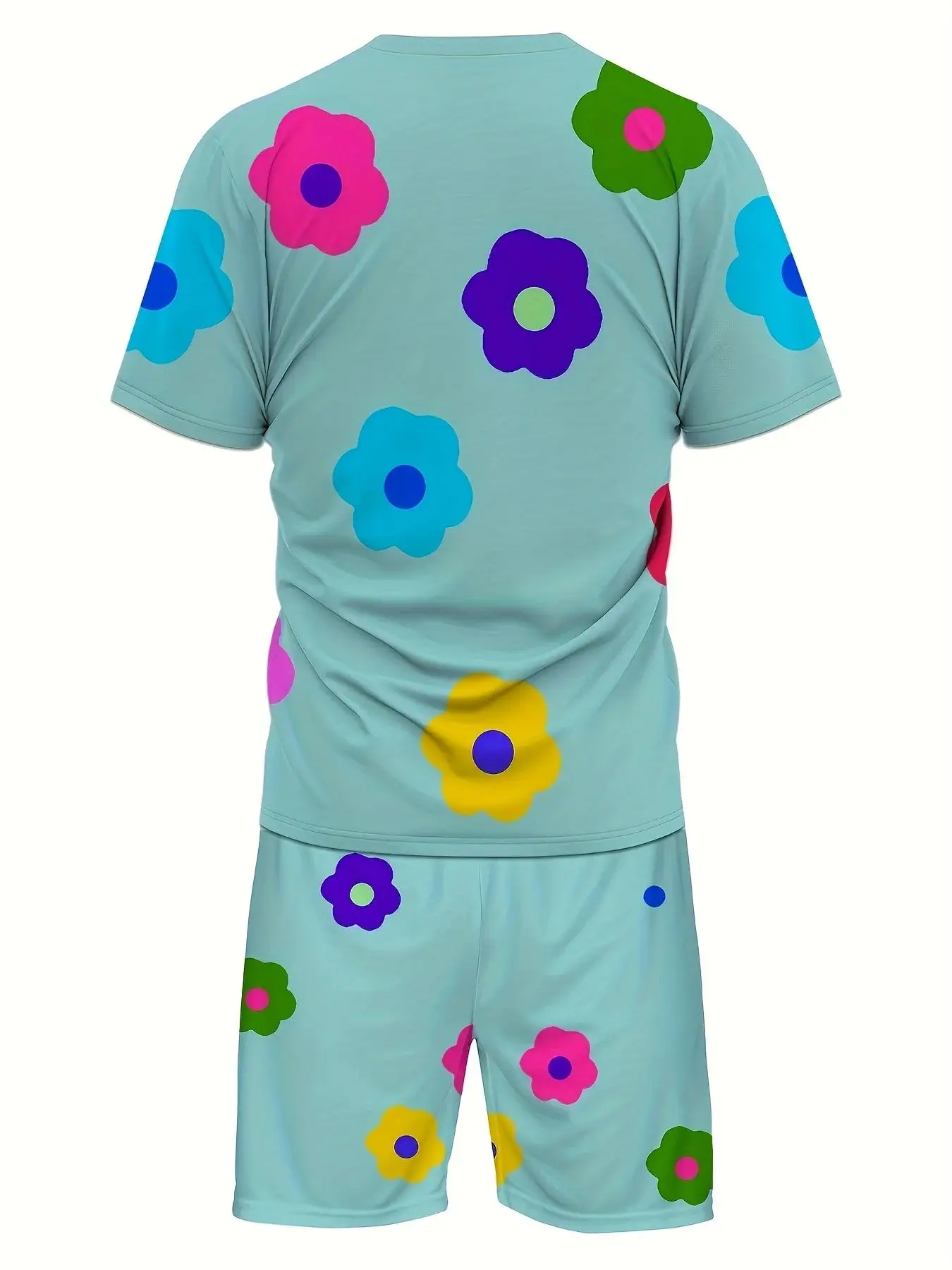 Summer 2025 New Men's Set with Colorful Flower Prints, Casual Set with Round Neck, Short Sleeve T-Shirt and Shorts, Summer Outdo