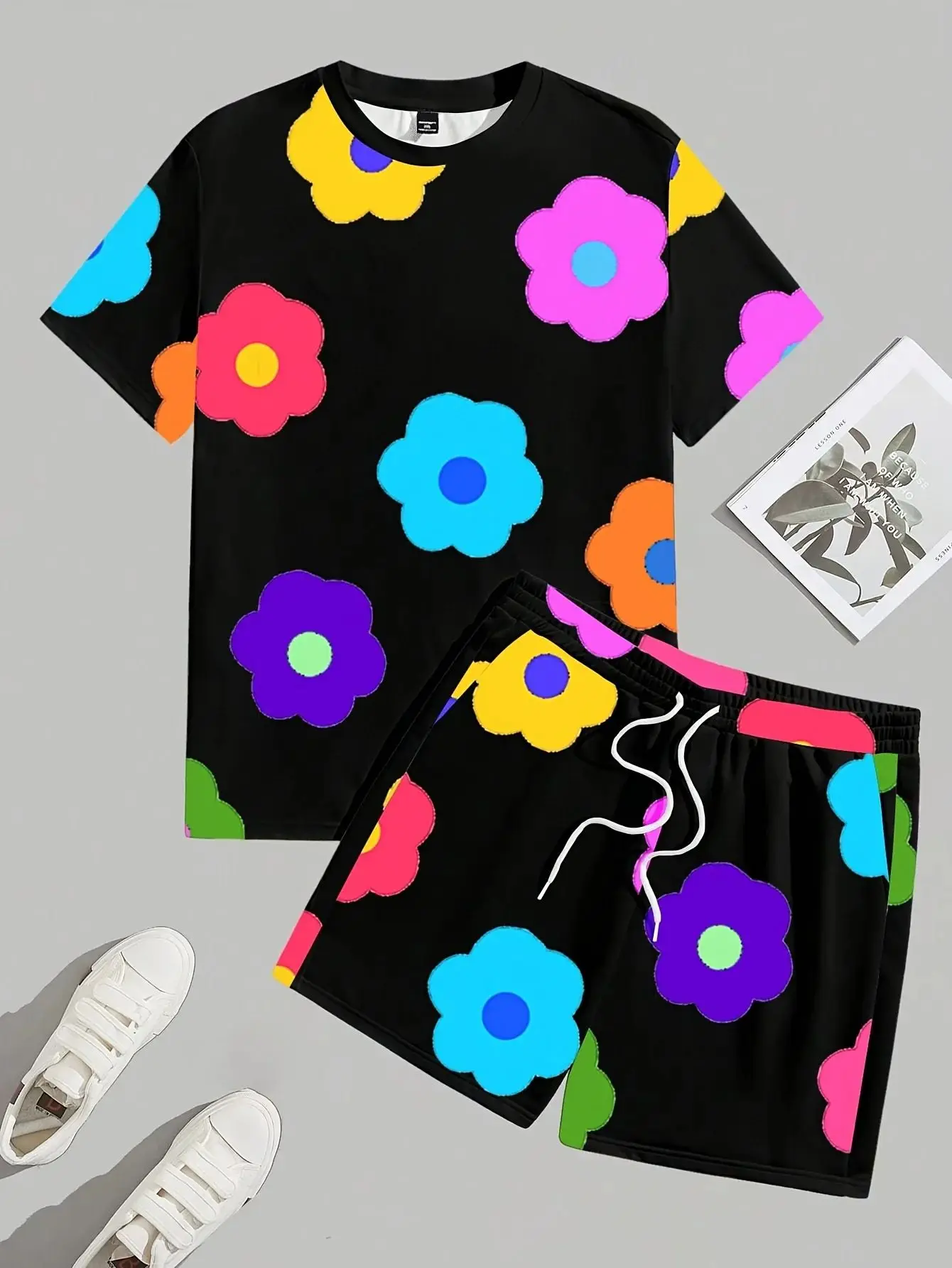 Summer 2025 New Men's Set with Colorful Flower Prints, Casual Set with Round Neck, Short Sleeve T-Shirt and Shorts, Summer Outdo