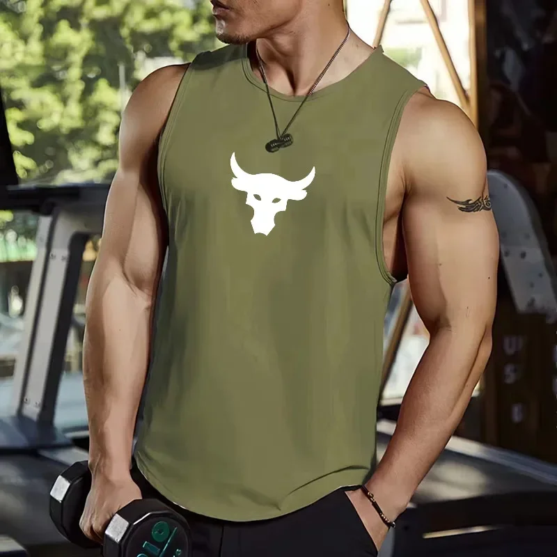 2025 Summer New Muscle Fitness Bull Head Printed Men's Quick Drying Tank Top for Running Training Breathable Sleeveless T-shirt