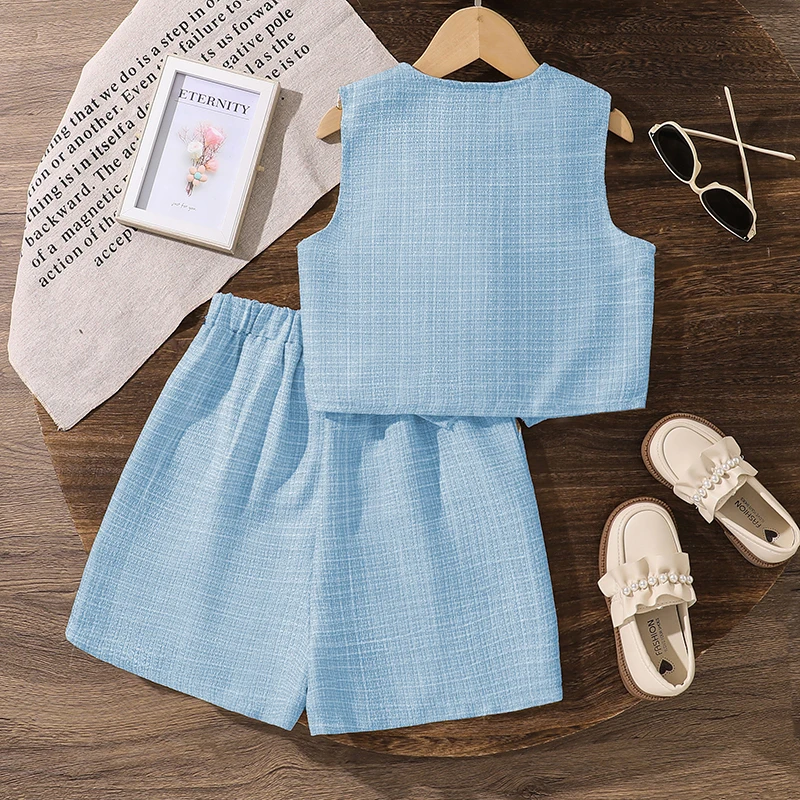 Summer Solid Color Two-Pieces Set White V-Neck Sleeveless Top Shorts 8-12 Yesrs Simple Style Kids Sets For Girls