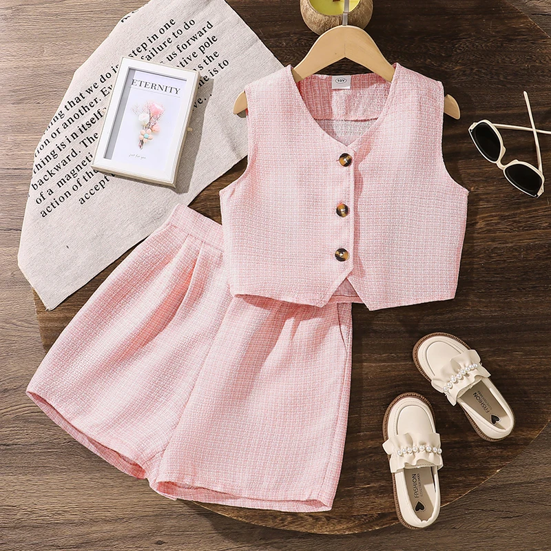 Summer Solid Color Two-Pieces Set White V-Neck Sleeveless Top Shorts 8-12 Yesrs Simple Style Kids Sets For Girls