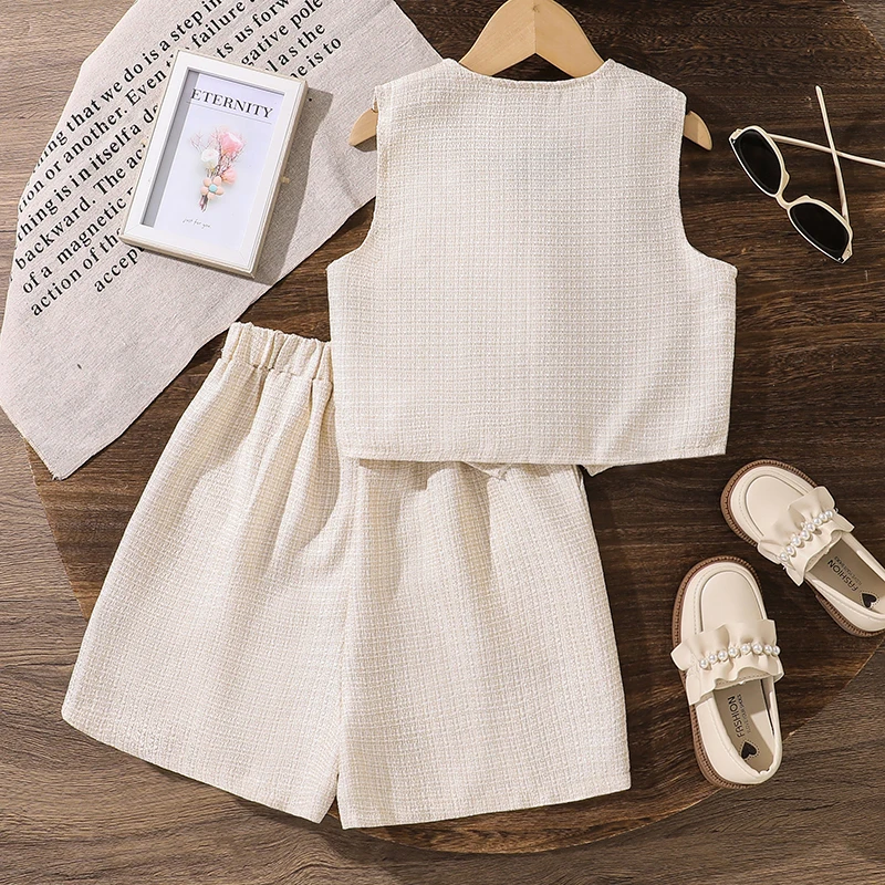 Summer Solid Color Two-Pieces Set White V-Neck Sleeveless Top Shorts 8-12 Yesrs Simple Style Kids Sets For Girls