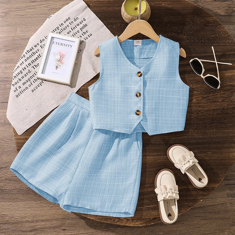 Summer Solid Color Two-Pieces Set White V-Neck Sleeveless Top Shorts 8-12 Yesrs Simple Style Kids Sets For Girls