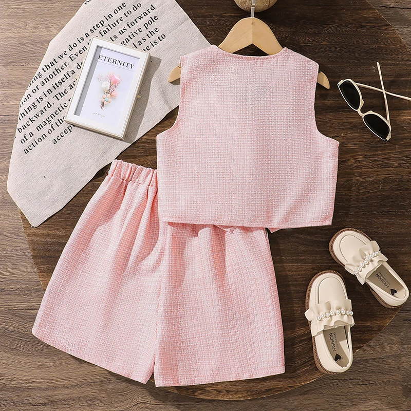 Summer Solid Color Two-Pieces Set White V-Neck Sleeveless Top Shorts 8-12 Yesrs Simple Style Kids Sets For Girls