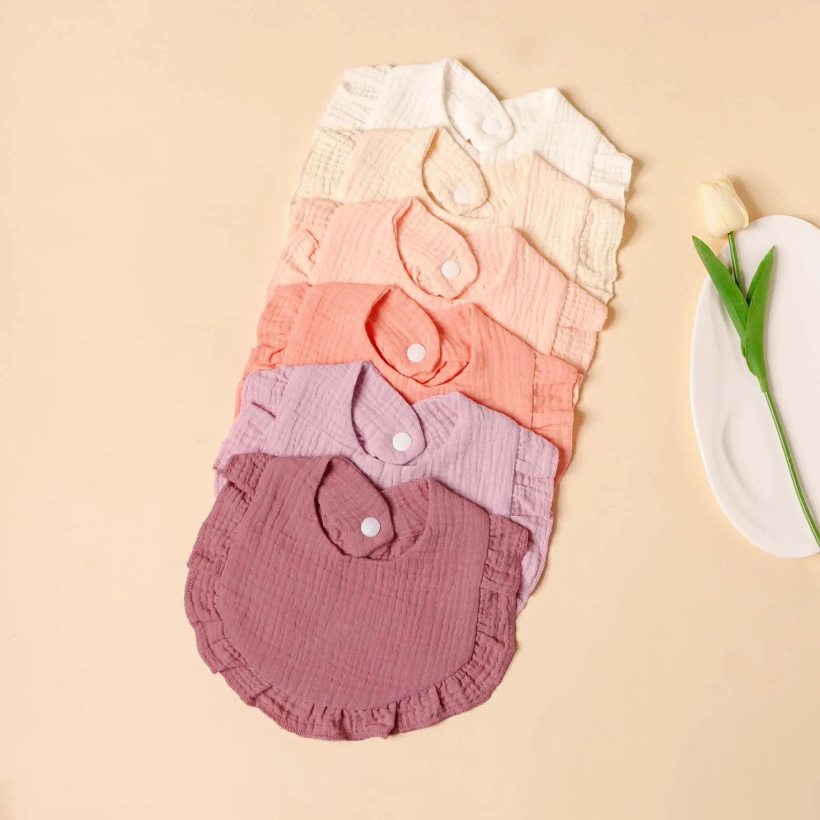 6pcs Cotton Gauze Lotus Leaf Edge Saliva Bib Baby Solid Color Snap Button Feeding Bib Soft Comfortable Drool Towel For Newborns
