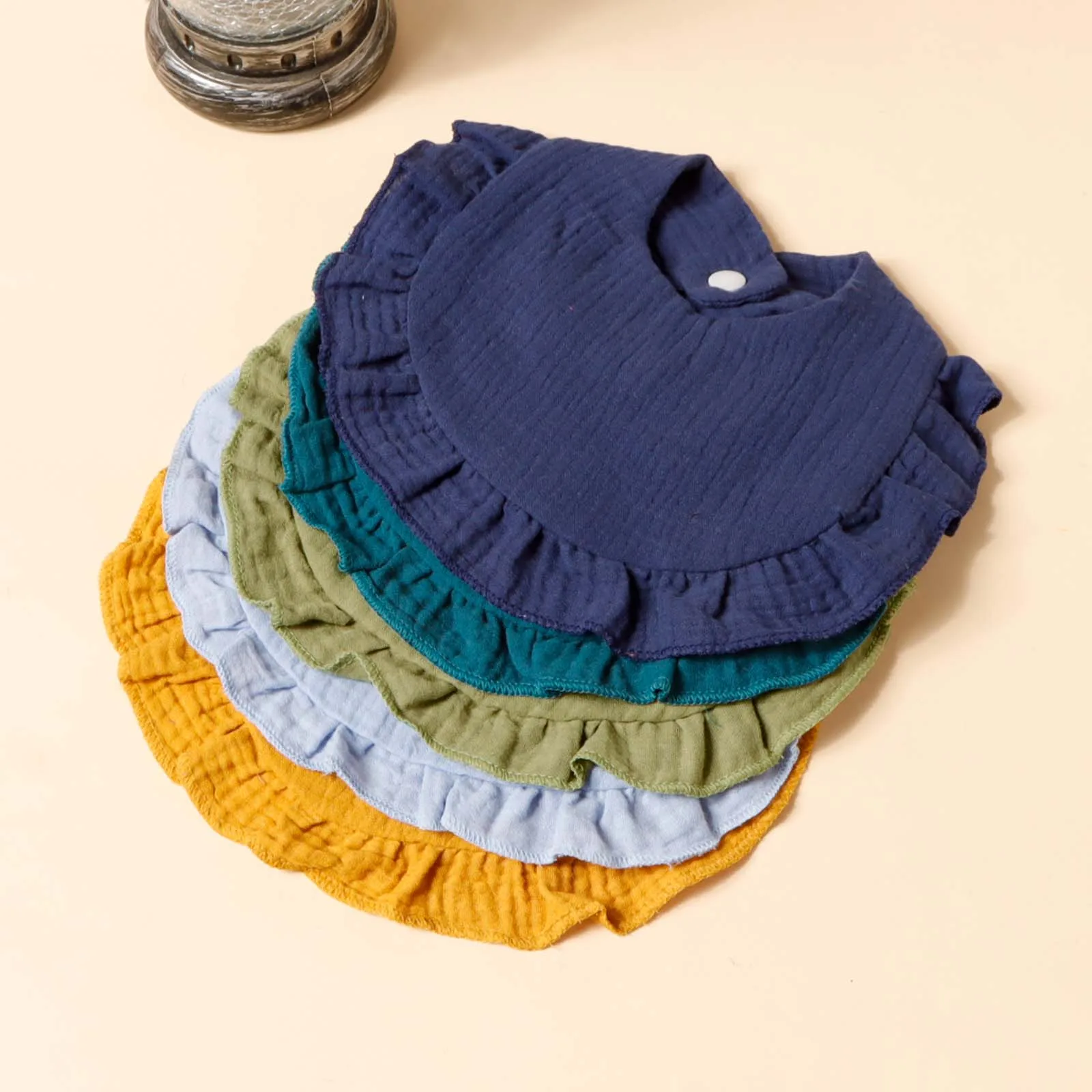 6pcs Cotton Gauze Lotus Leaf Edge Saliva Bib Baby Solid Color Snap Button Feeding Bib Soft Comfortable Drool Towel For Newborns