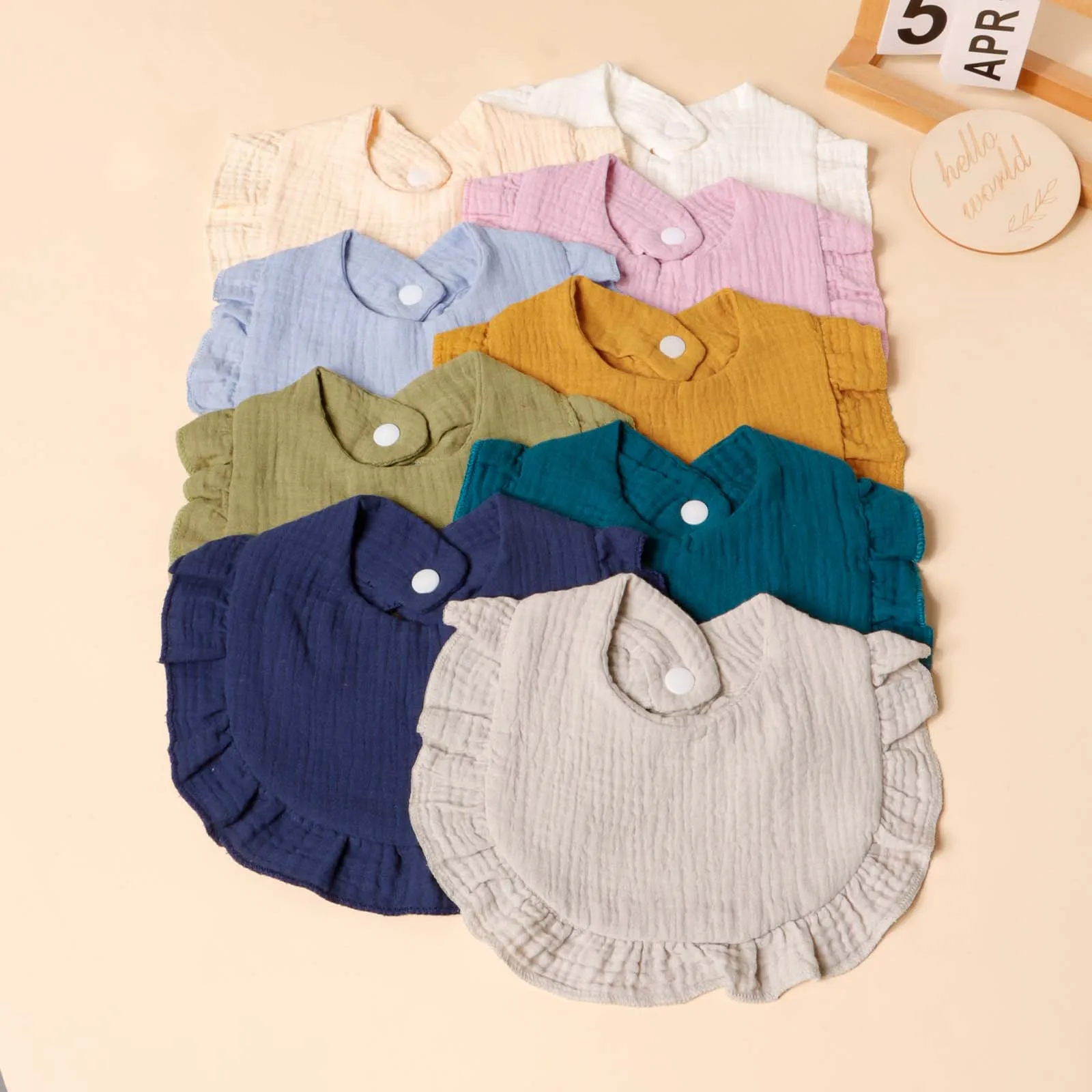 6pcs Cotton Gauze Lotus Leaf Edge Saliva Bib Baby Solid Color Snap Button Feeding Bib Soft Comfortable Drool Towel For Newborns