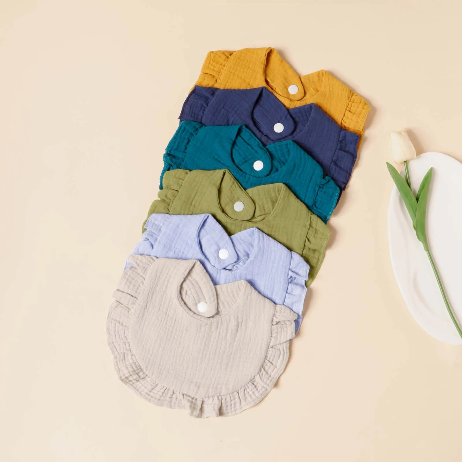 6pcs Cotton Gauze Lotus Leaf Edge Saliva Bib Baby Solid Color Snap Button Feeding Bib Soft Comfortable Drool Towel For Newborns