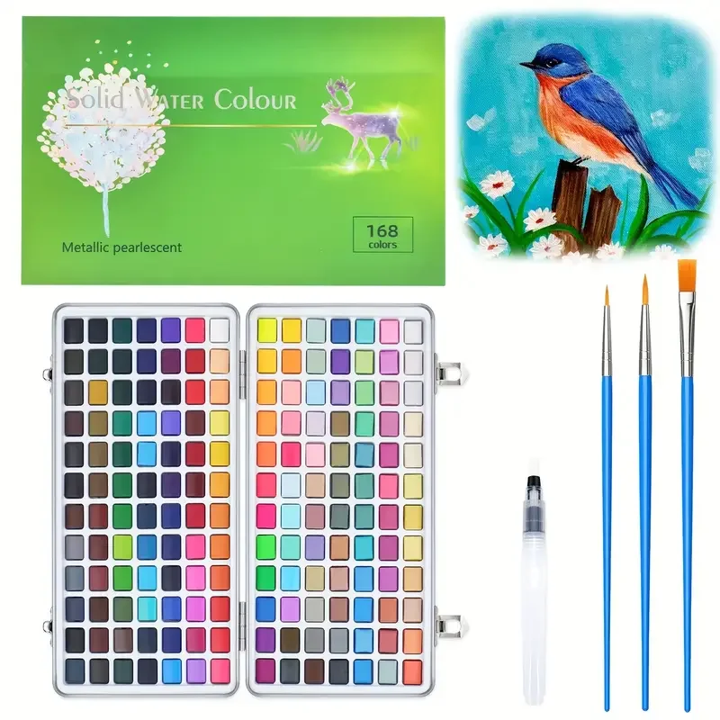 Deluxe 50/100/168-Color Watercolor Paint Set with Brushes & Pencils - Washable, Vibrant Art Supplies for Adults