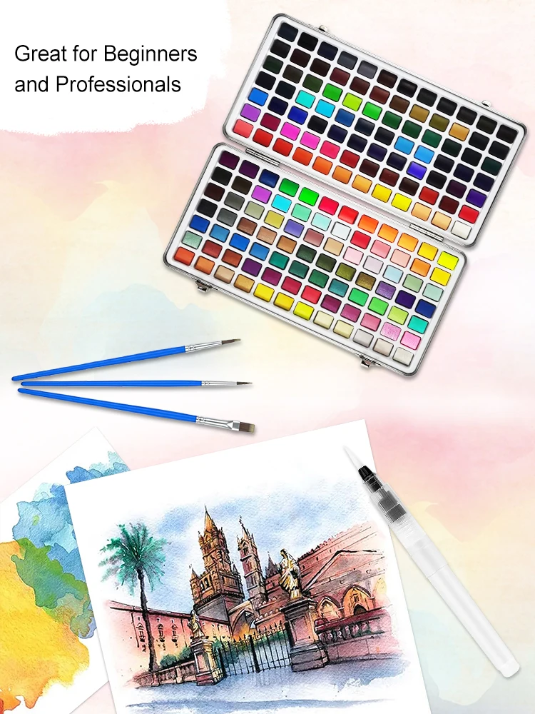 Deluxe 50/100/168-Color Watercolor Paint Set with Brushes & Pencils - Washable, Vibrant Art Supplies for Adults