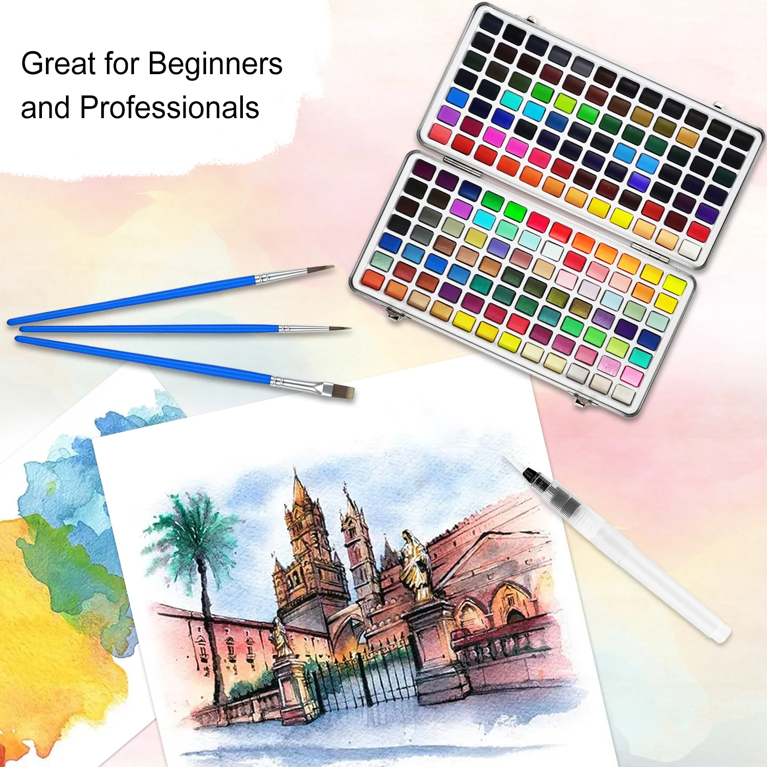 Deluxe 50/100/168-Color Watercolor Paint Set with Brushes & Pencils - Washable, Vibrant Art Supplies for Adults
