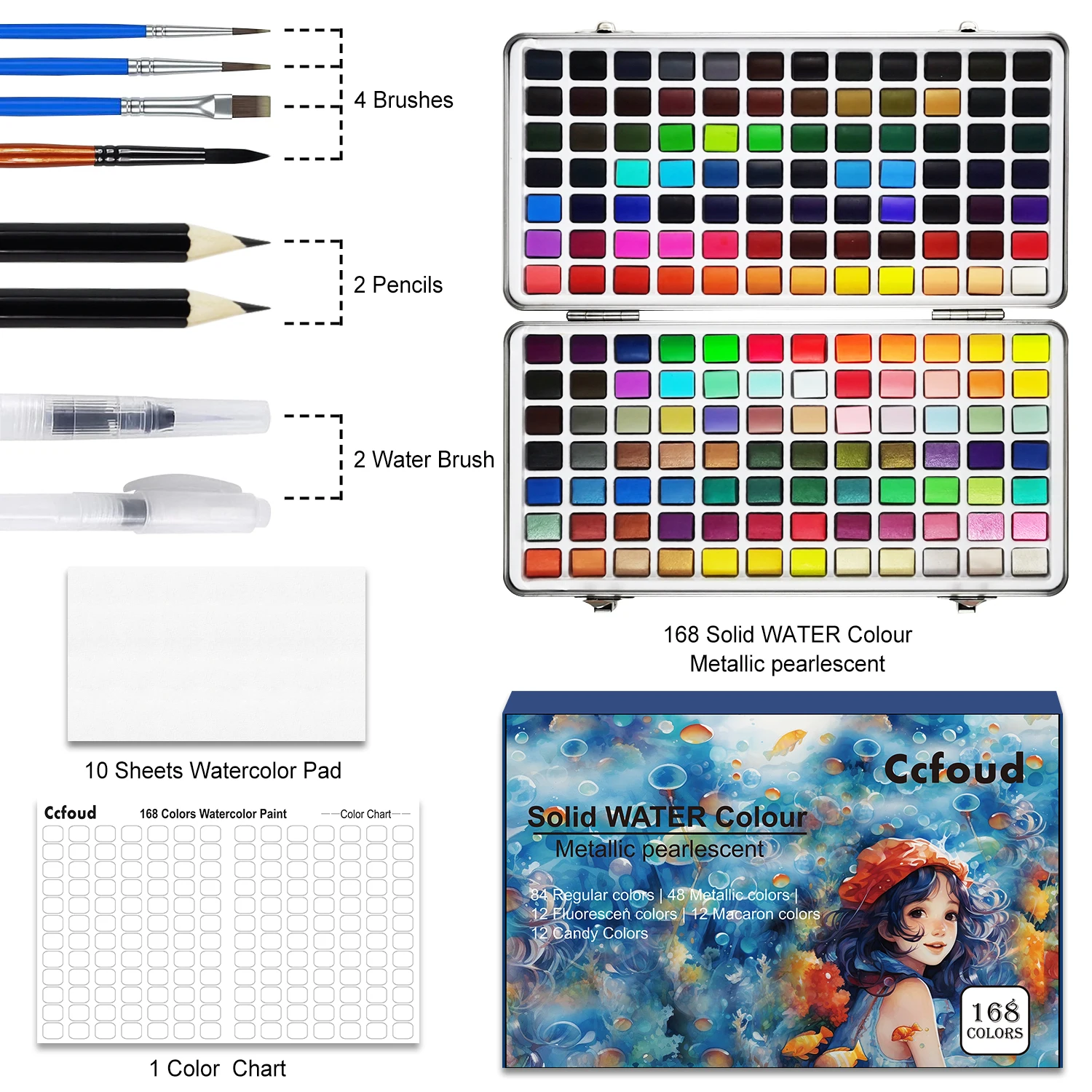 Deluxe 50/100/168-Color Watercolor Paint Set with Brushes & Pencils - Washable, Vibrant Art Supplies for Adults