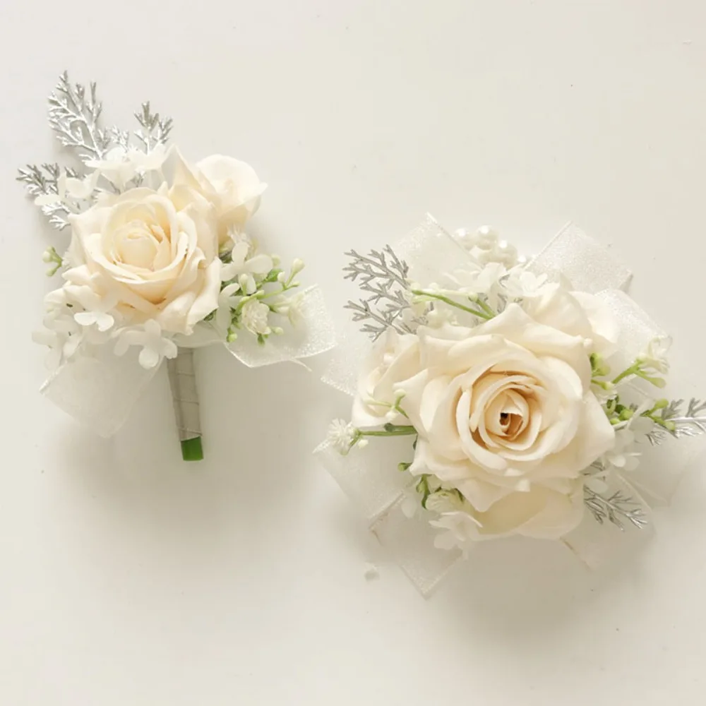 Champagne Artificial Flower Corsages Things for Wedding The Bride Corsage Party Prom Corsages for Ceremony Boutonniere on Hand