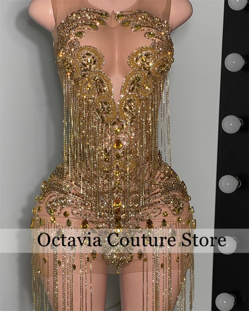 Luxury Gold Diamond Short Prom Gowns See Through Tassel Vestidos De Graduación Beaded Crystal Dresses For Cocktail Customized