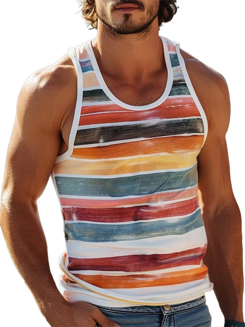 New Simple Color Striped 3D Printed Tank Tops Men Summer Sleeveless Casual Sports Vest Crew Neck Breathable Oversized Tees Tops