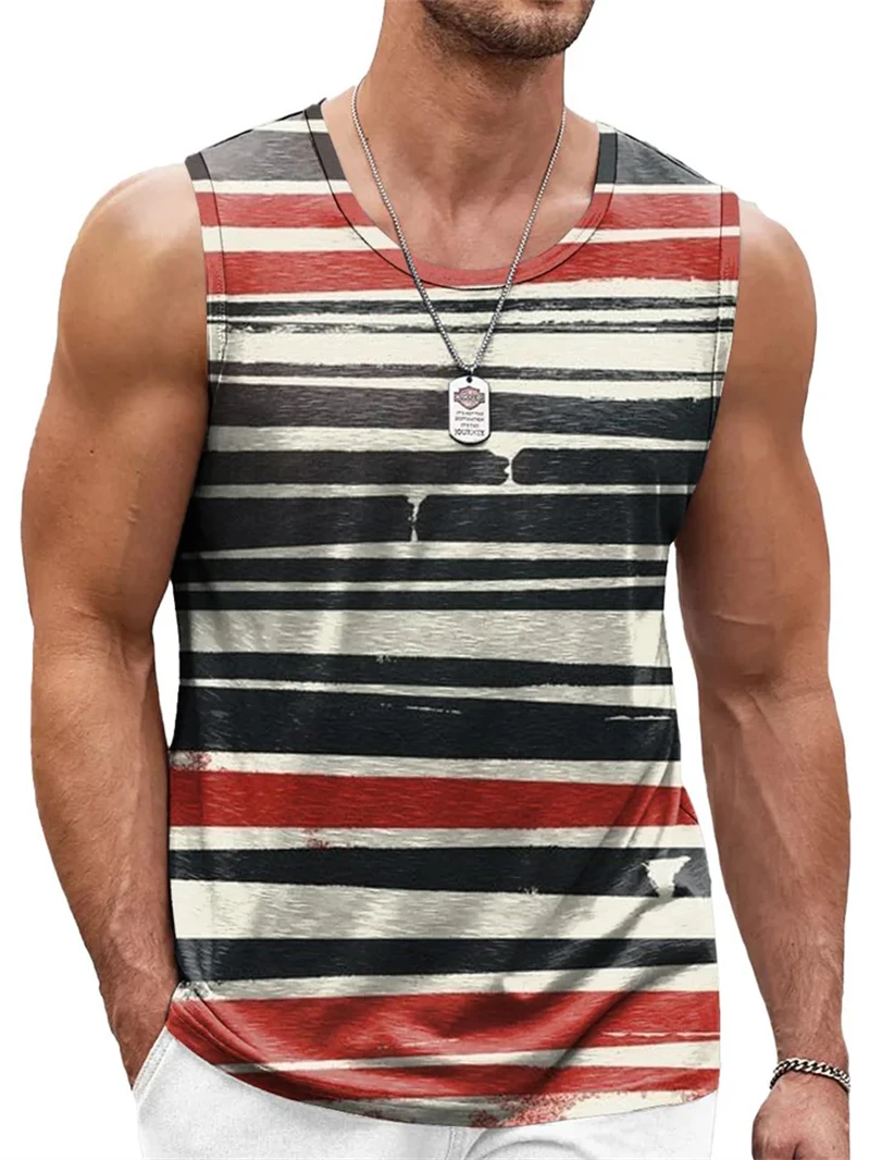New Simple Color Striped 3D Printed Tank Tops Men Summer Sleeveless Casual Sports Vest Crew Neck Breathable Oversized Tees Tops